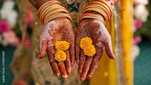 Henna hands holding flowers, wedding ceremony, India