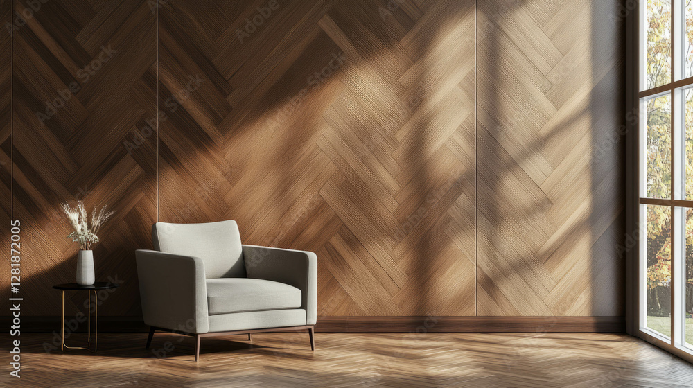Fototapeta premium Modern interior design with hardwood wall and herringbone pattern featuring cozy armchair and sunlit ambiance