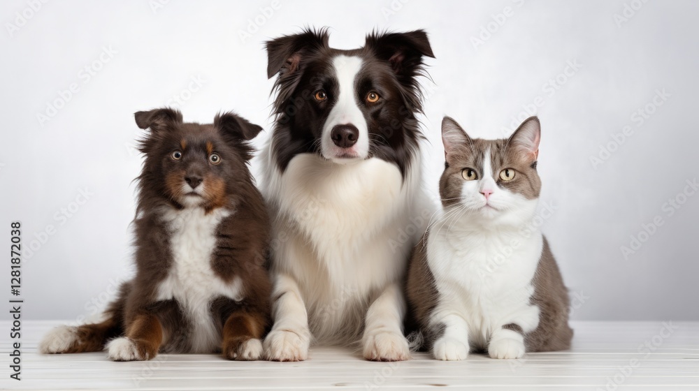 Adorable pets sitting together on a white background showcasing a border collie, a shetland sheepdog, and a domestic cat, perfect for animal companionship concept Adorable pets sitting together on a white background showcasing a border collie, a shetland sheepdog, and a domestic cat, perfect for animal companionship concept
