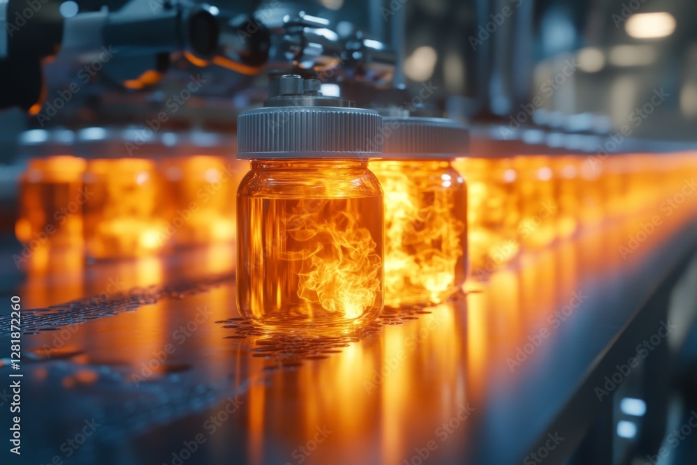 Bottles filled with glowing liquid move along a conveyor belt in a modern assembly line facility at dusk Bottles filled with glowing liquid move along a conveyor belt in a modern assembly line facility at dusk