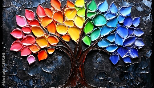 A Colorful Tree with Leaves Displaying Vibrant Rainbow Shades