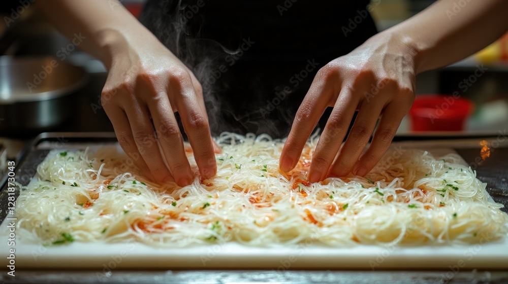 Chef preparing noodles, kitchen, steaming, food Chef preparing noodles, kitchen, steaming, food