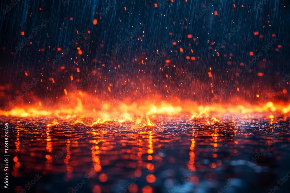Fiery lava meets water in a dramatic display of nature's forces during a volcanic eruption at twilight Fiery lava meets water in a dramatic display of nature's forces during a volcanic eruption at twilight