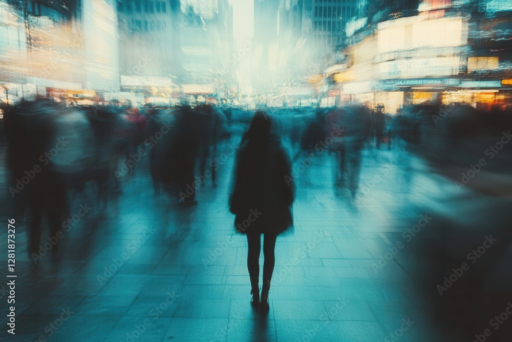 urban solitude scene lone figure in sharp focus amid motionblurred crowd moody atmospheric lighting with muted colors urban solitude scene lone figure in sharp focus amid motionblurred crowd moody atmospheric lighting with muted colors