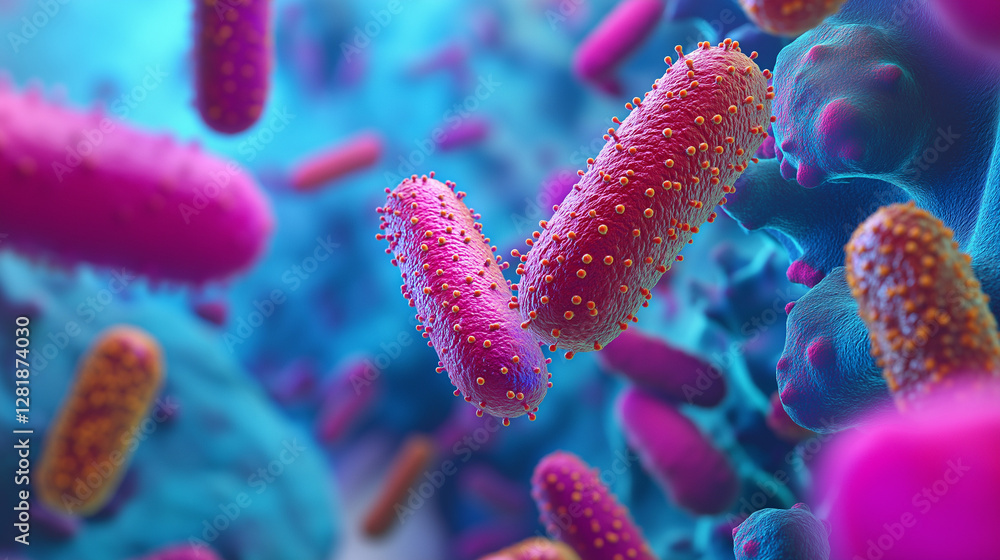 Naklejka premium Pink Rod-Shaped Bacteria on Blue Cellular Background, Digital Illustration