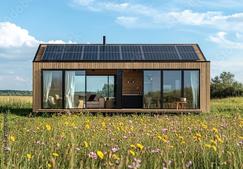  A small, single-story wooden house with solar panels on the roof and large windows in an open field surrounded by wildflowers under a blue sky.