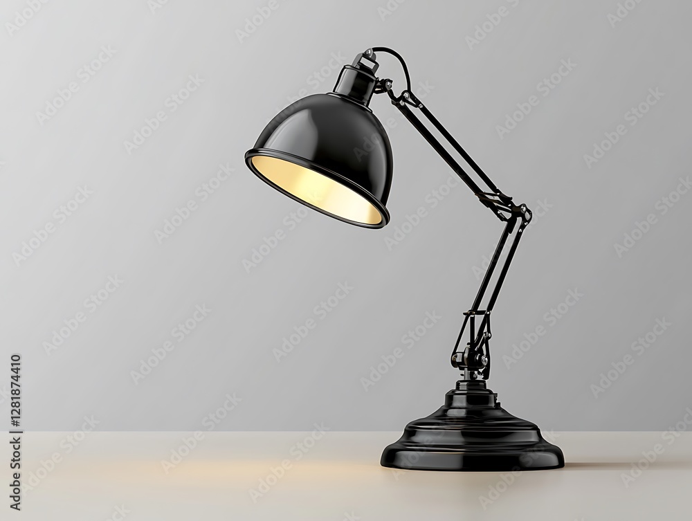 A sleek black adjustable desk lamp on a light colored table A sleek black adjustable desk lamp on a light colored table