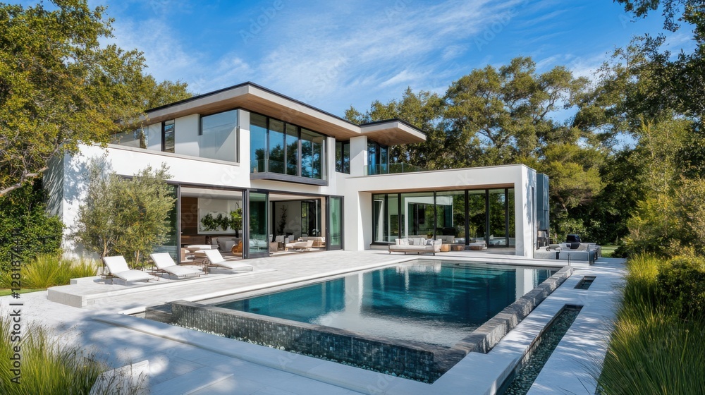 Fototapeta premium A modern luxurious two-story house with a sleek white exterior and large glass windows that allow natural light to flood the interior. 