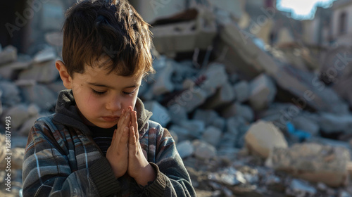 Hope, resilience, faith amidst adversity. War, hostilities, military arms, conflicts concept. Child sits in deep prayer with folded hands and closed eyes, positioned in front of a destroyed building. photo