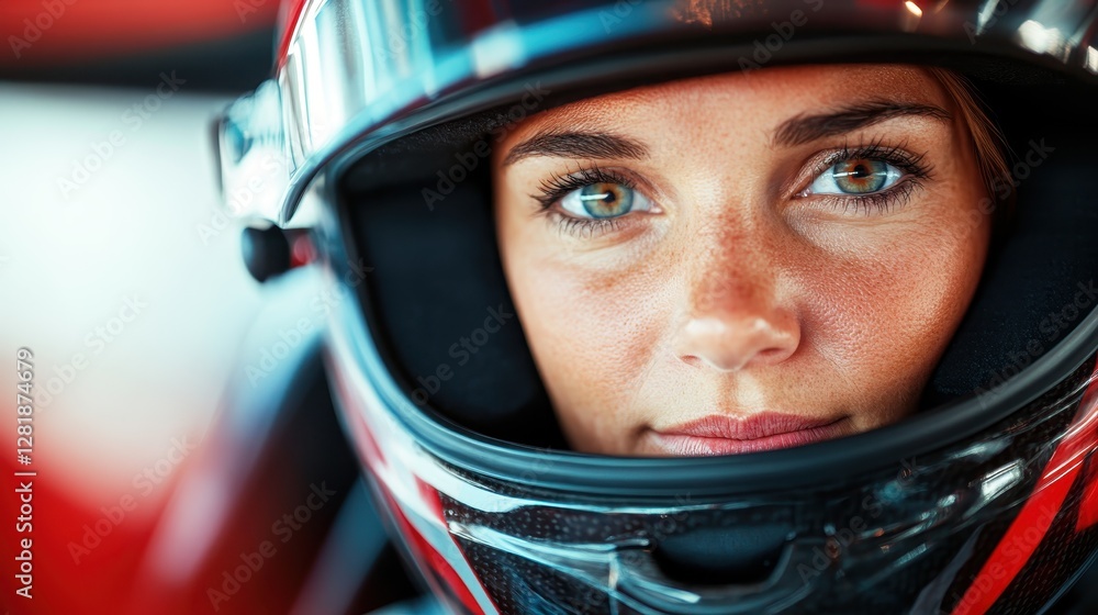 This image captures a confident female racer in a helmet, her focused expression speaks volumes about her readiness to face the high-speed challenges of racing. This image captures a confident female racer in a helmet, her focused expression speaks volumes about her readiness to face the high-speed challenges of racing.