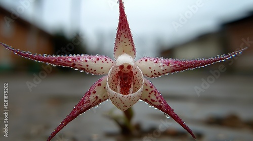 Star orchid, rain droplets, urban background, nature photography, stock photo photo