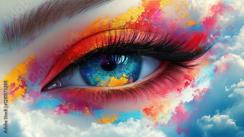 Colorful eye makeup, cloudscape background, fantasy art, visual design