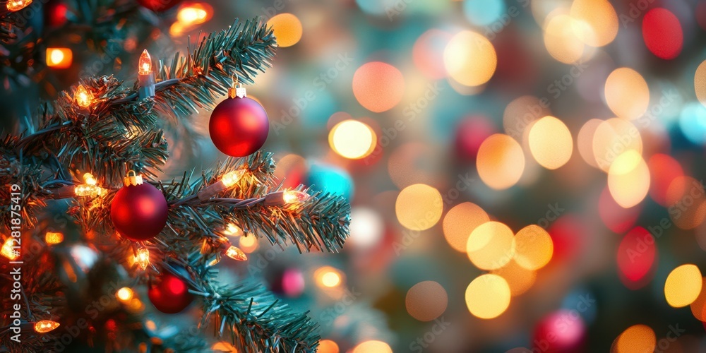 Festive Christmas tree adorned with red ornaments and glowing lights in a cozy indoor setting Festive Christmas tree adorned with red ornaments and glowing lights in a cozy indoor setting