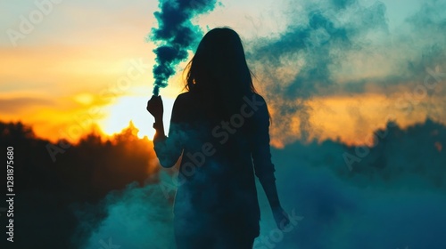 Silhouette of woman holding teal smoke bomb at sunset.