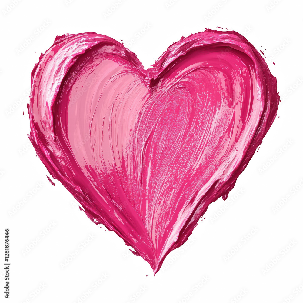 Heart shape made of vibrant pink shimmery lipstick smear with smooth texture, isolated on transparent background.