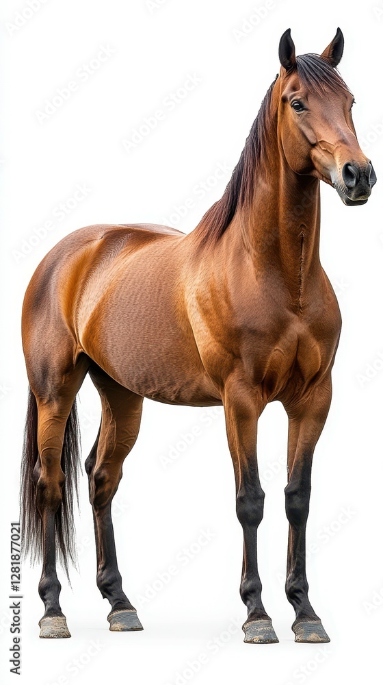 Muscular brown horse stands elegantly in a neutral background highlighting its strength and beauty Muscular brown horse stands elegantly in a neutral background highlighting its strength and beauty