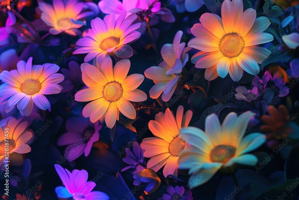 An array of daisy-like flowers bathed in vibrant, artificial light, creating a surreal and dreamy floral landscape. An array of daisy-like flowers bathed in vibrant, artificial light, creating a surreal and dreamy floral landscape.