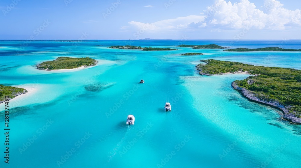 Obraz premium A serene aerial view of a turquoise lagoon with small boats floating, surrounded by tropical islands under a bright blue sky