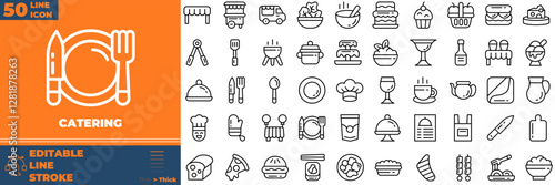 Catering Line Editable Icons set. Vector illustration in modern thin line style of catering icons: fork, spoon, knife, plate, cloche, etc