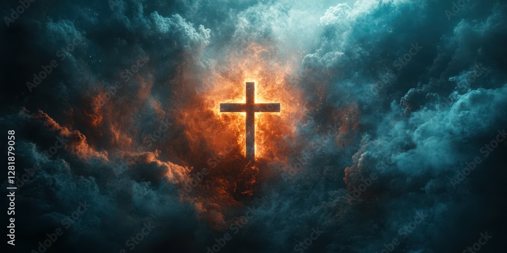 Fototapeta premium Glowing cross illuminated by flames among dark storm clouds at twilight