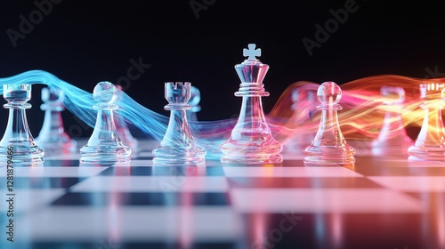 Transparent Chess Pieces with Colorful Motion Blur on Chessboard