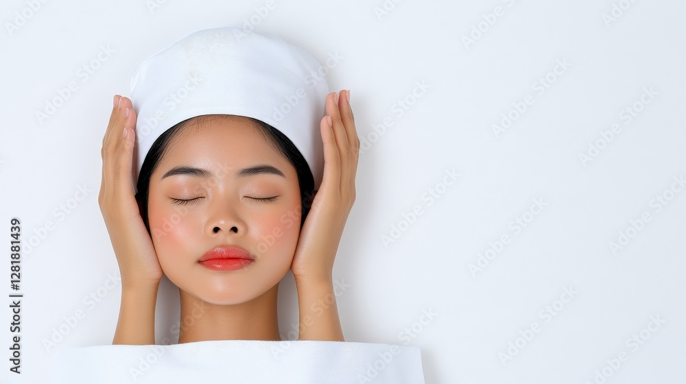 Female Spa Practitioner with White Headband and Closed Eyes Female Spa Practitioner with White Headband and Closed Eyes