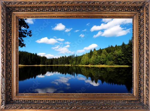 Landschaftsbild mit See in einem historischen Bilderrahmen photo