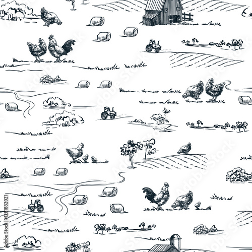 Hen rooster chick on farm meadows seamless pattern. Vector hand drawn sketch illustration. Farming landscape background