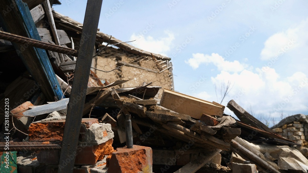 View to destroyed residential buildings at Kharkivska oblast. Ruined houses after bomb attacks on ukrainian territory from russia army. Consequences of russian invasion of Ukraine. Slow motion View to destroyed residential buildings at Kharkivska oblast. Ruined houses after bomb attacks on ukrainian territory from russia army. Consequences of russian invasion of Ukraine. Slow motion