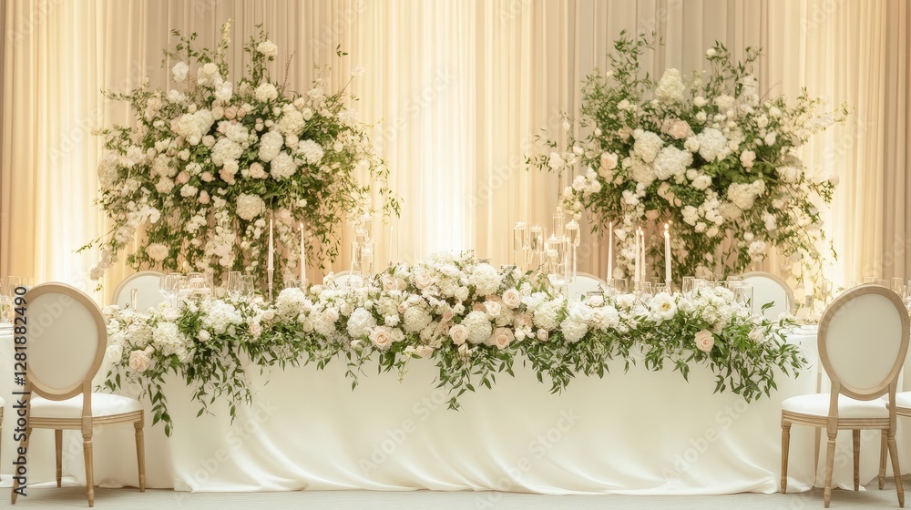 Fototapeta premium Exquisite bridal table centerpiece with lush blooms and candlelight