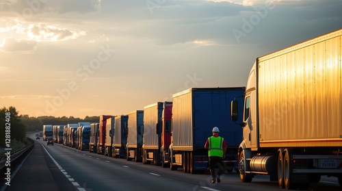 busy highway with long line of semi-trailers, big trucks parked or moving slowly. People in reflective vests walking along the road, roadside inspection and control at customs