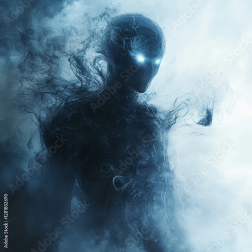 A Mysterious Humanoid Creature with Glowing Eyes, Made of Dark Smoke and Shadow, in an Empty Space