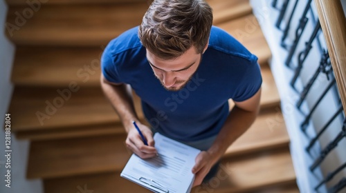 Man inspecting home, stairs, clipboard, paperwork, appraisal