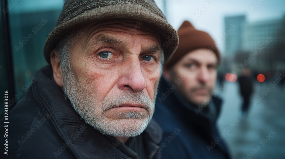 An evocative portrait of an elderly man with a thoughtful expression, set against an urban backdrop, reflecting the wisdom and resilience of the human spirit through age. An evocative portrait of an elderly man with a thoughtful expression, set against an urban backdrop, reflecting the wisdom and resilience of the human spirit through age.