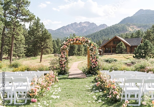 An outdoor wedding ceremony decor set up in front of the Colorado Rocky Mountains, with floral arches and white chairs arranged for guests to sit on.