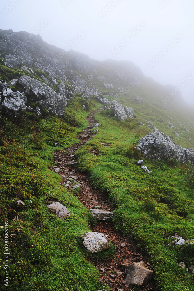 Obraz premium Foggy Mountain Path Trail Hiking Landscape Nature Scenery Misty Weather Outdoor Green Rocks Tranquil Scenic Travel Adventure Peaceful Calm Remote Hiking Trail Mountain Landscape Foggy Path Nature Scen