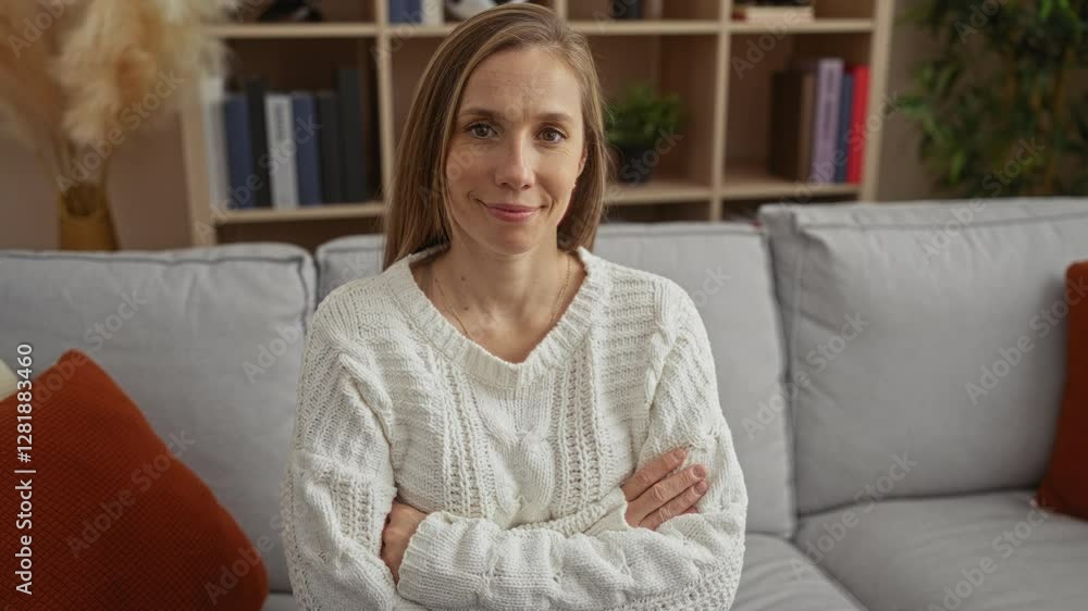 Woman with arms crossed sitting in cozy living room with bookshelves smiles confidently in stylish sweater Woman with arms crossed sitting in cozy living room with bookshelves smiles confidently in stylish sweater