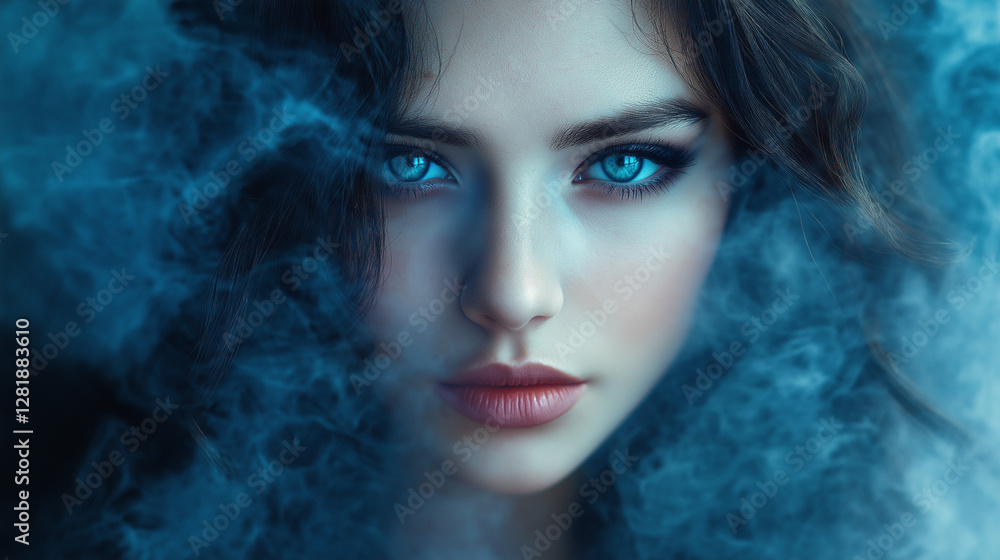 Enchanting Woman with Piercing Blue Eyes Emerging from Misty Smoke Enchanting Woman with Piercing Blue Eyes Emerging from Misty Smoke
