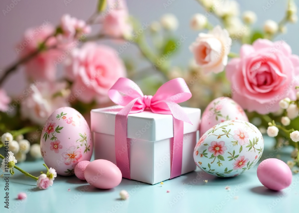 greeting card, Easter eggs in pastel colors, gift box and spring flowers on a soft blue background greeting card, Easter eggs in pastel colors, gift box and spring flowers on a soft blue background