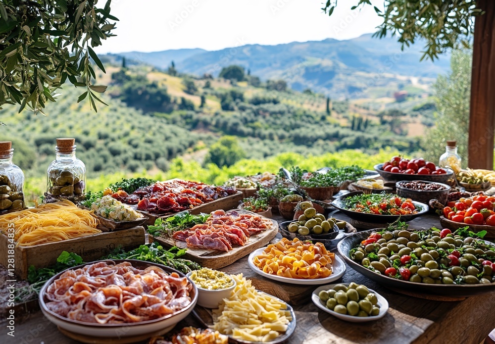 Fototapeta premium A rustic table set with an array of Italian delicacies, including antipasti, charcuterie, and olives, overlooking the rolling hills of Tuscany in Italy.