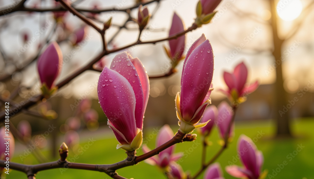 Clusters of morning dew on vibrant magnolia buds in peaceful park, tranquility Clusters of morning dew on vibrant magnolia buds in peaceful park, tranquility