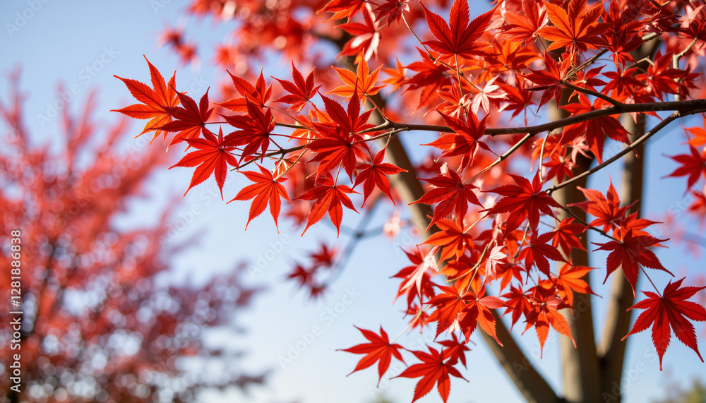Vibrant red maple leaves shimmering in spring sunlight, nature's beauty Vibrant red maple leaves shimmering in spring sunlight, nature's beauty