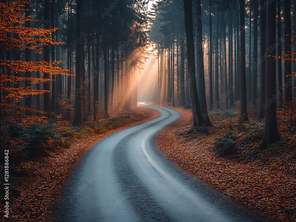 Fototapeta premium A winding road follows the path through a beautiful forest