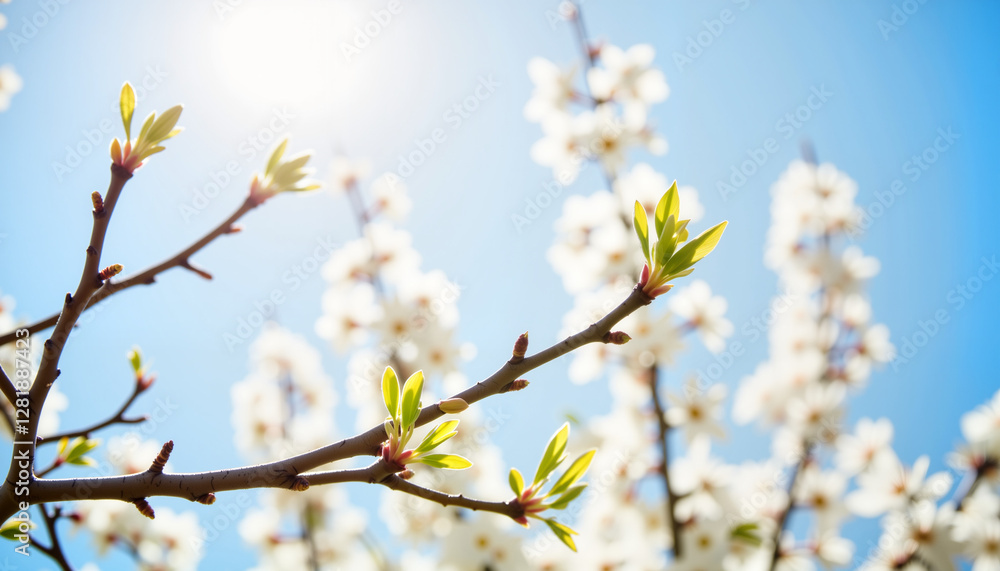 Apple tree buds blooming in sunlight against blue sky, spring renewal Apple tree buds blooming in sunlight against blue sky, spring renewal