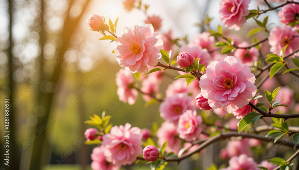 Blooming camellia branches in serene zen garden, tranquil beauty Blooming camellia branches in serene zen garden, tranquil beauty