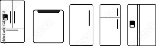 set of Refrigerators line icon. Fridge types, freezer, wine cooler, commercial major appliance, refrigerated display case. Thin linear signs for household equipment shop,