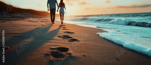 A couple strolls along the serene beach at sunset, their footprints trailing softly in the sand, embodying romance and tranquility.