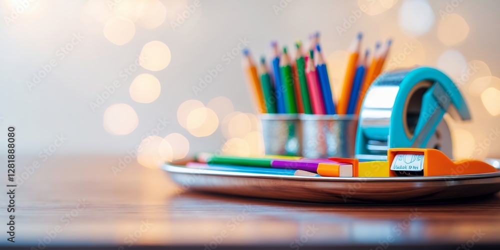 Obraz premium Colorful stationery and tools arranged on a tray with creative background and soft lighting