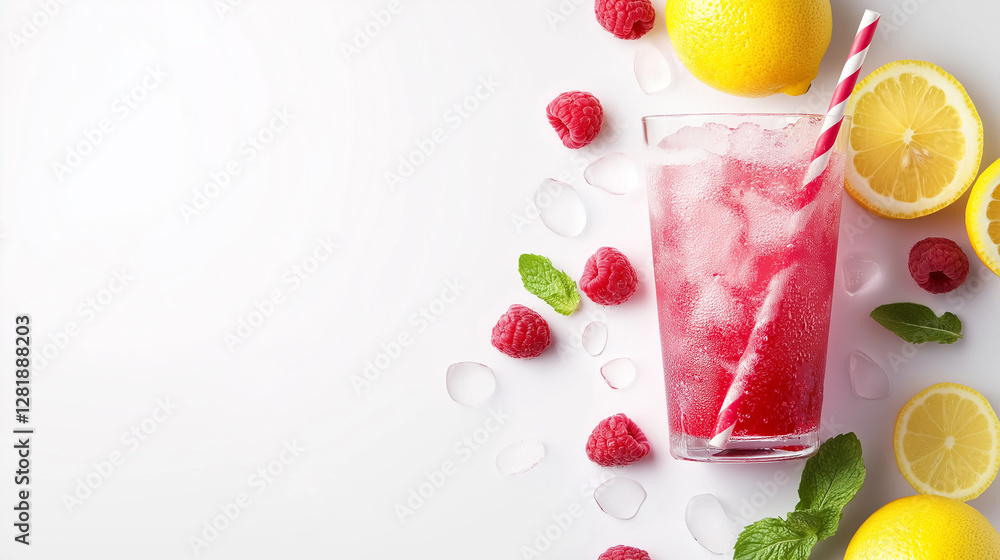 Delicious raspberry lemonade made with soda water isolated on a white background Delicious raspberry lemonade made with soda water isolated on a white background