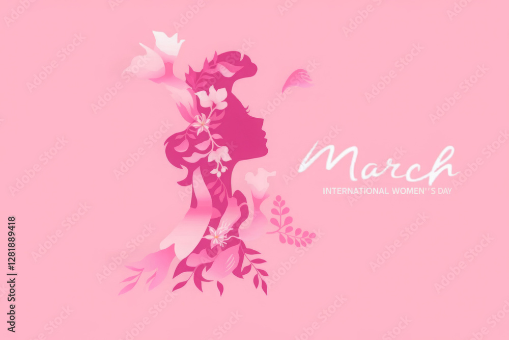 8 March. International Women's Day greeting card. Paper art pink flowers, leaves, woman silhouette.
8 March. International Women's Day greeting card. Paper art pink flowers, leaves, woman silhouette.